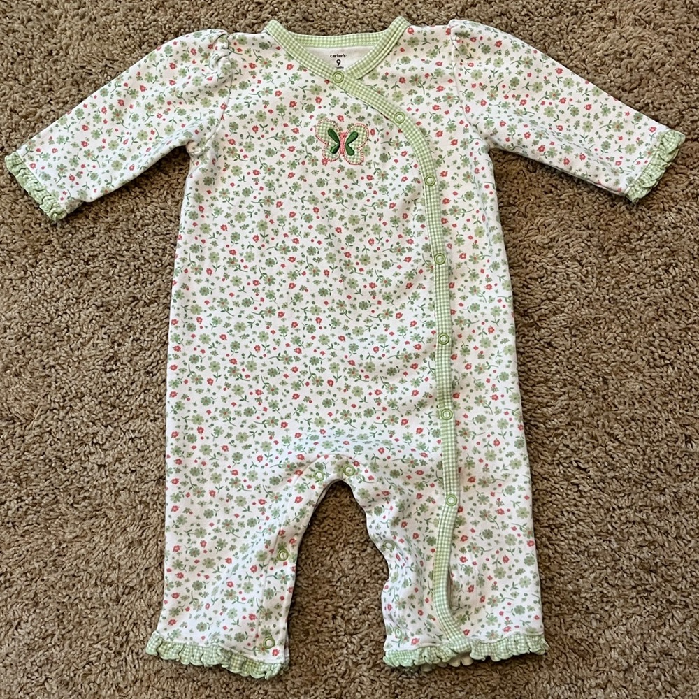 Carter’s Girls Button Up Pink and Green Butterfly Sleeper, 9 months